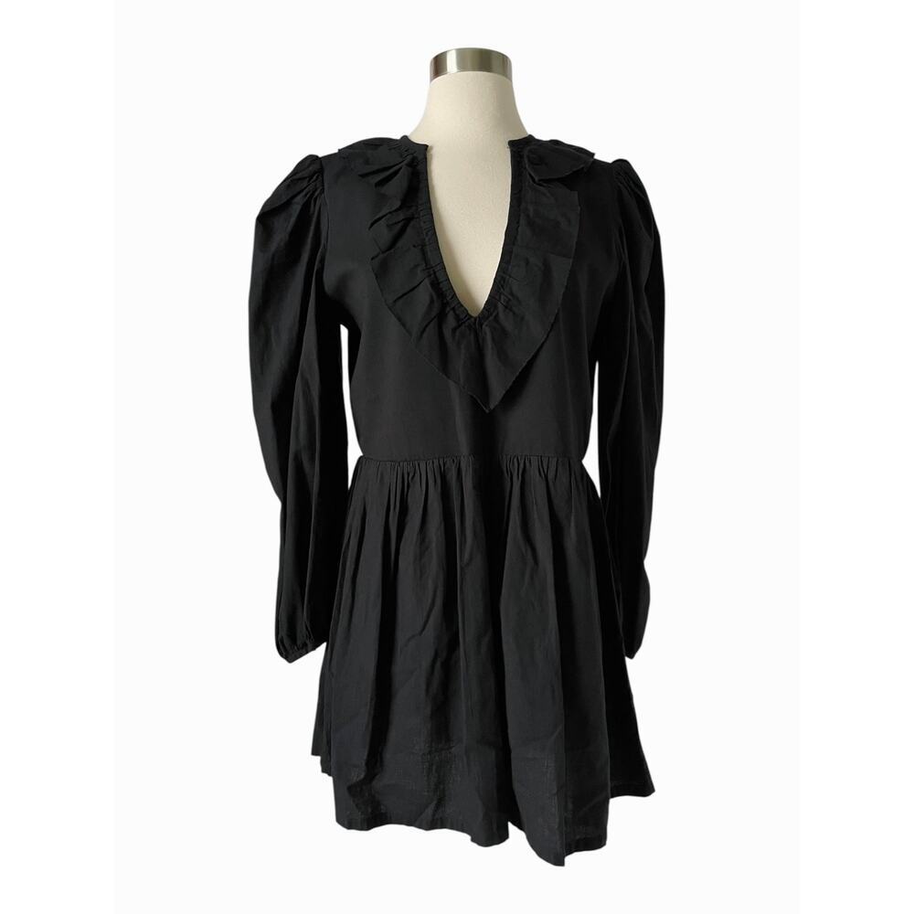 Alix of Bohemia Stefanie Mini Dress Black Cotton Ruffle Puff Sleeve L - Picture 13 of 13